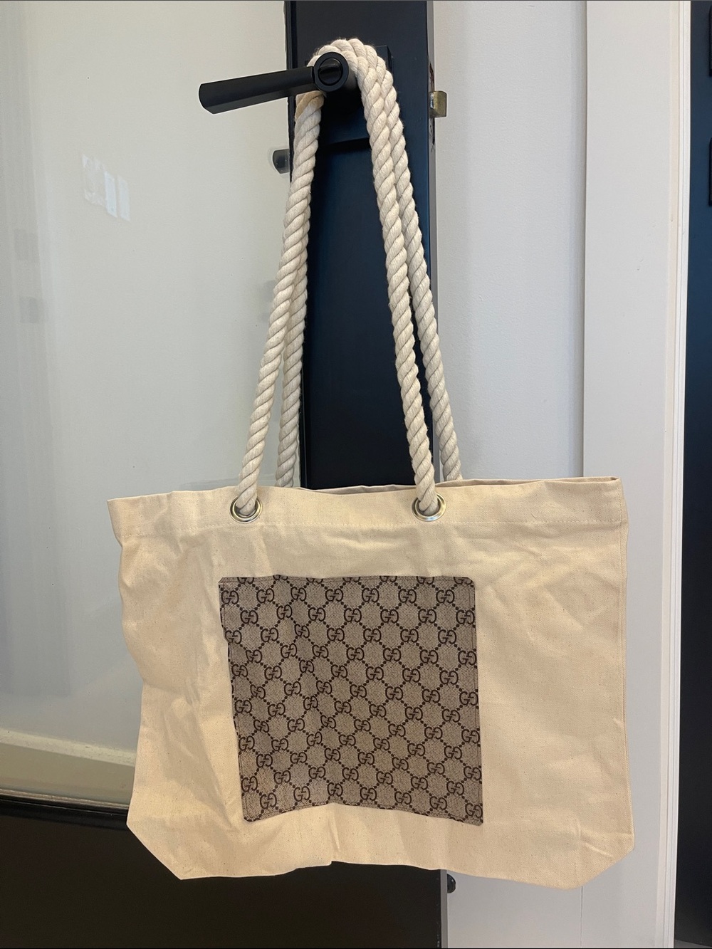 LAST ONE Cream Canvas Tote with Logo Patch and Rope Handles
